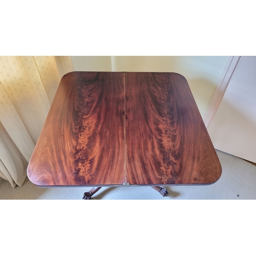 21 - A VERY FINE REGENCY STYLE FLAME MAHOGANY FOLD OVER TEA TABLE, with rounded corners to the front fini... 