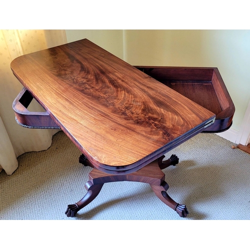 21 - A VERY FINE REGENCY STYLE FLAME MAHOGANY FOLD OVER TEA TABLE, with rounded corners to the front fini... 