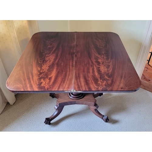 21 - A VERY FINE REGENCY STYLE FLAME MAHOGANY FOLD OVER TEA TABLE, with rounded corners to the front fini... 