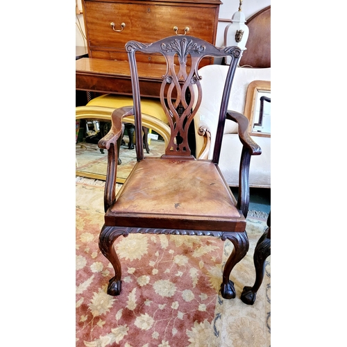 22 - A HANDSOME PAIR OF FINELY MADE CHIPPENDALE STYLE CARVER ARMCHAIRS, each with a shaped crest rail hav... 