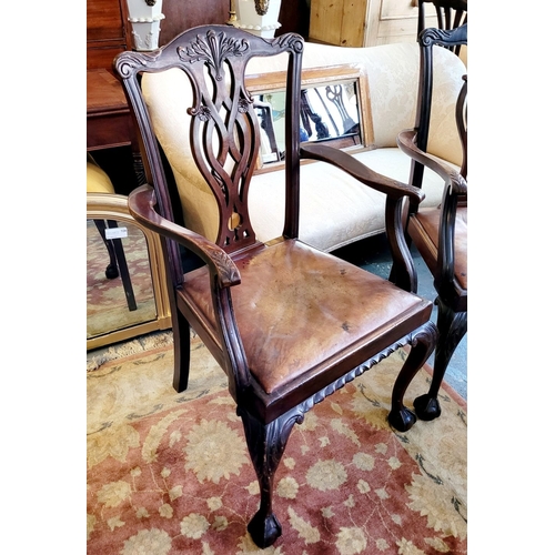 22 - A HANDSOME PAIR OF FINELY MADE CHIPPENDALE STYLE CARVER ARMCHAIRS, each with a shaped crest rail hav... 