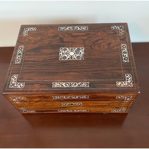 25 - A VICTORIAN ROSEWOOD MOTHER OF PEARL INLAID JEWELLERY BOX, with beautiful inlay to top and sides, op... 