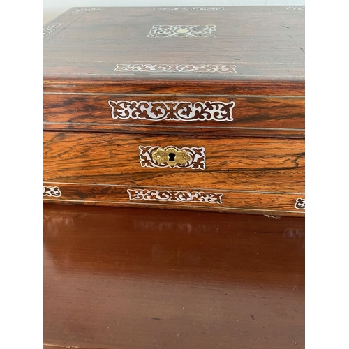 25 - A VICTORIAN ROSEWOOD MOTHER OF PEARL INLAID JEWELLERY BOX, with beautiful inlay to top and sides, op... 