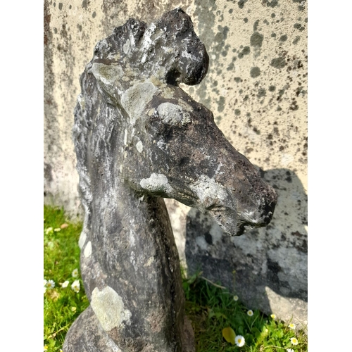 29 - A LARGE PAIR OF VINTAGE CONCRETE HORSE HEADS, both on bases. Wonderful aged patina, both in great co... 