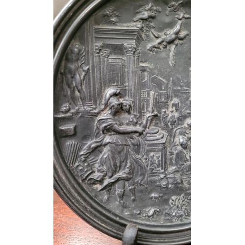 35 - A 19TH CENTURY BRONZE NEO-CLASSICAL BRONZE PLAQUE, relief decorated with Roman scene of figures cour... 