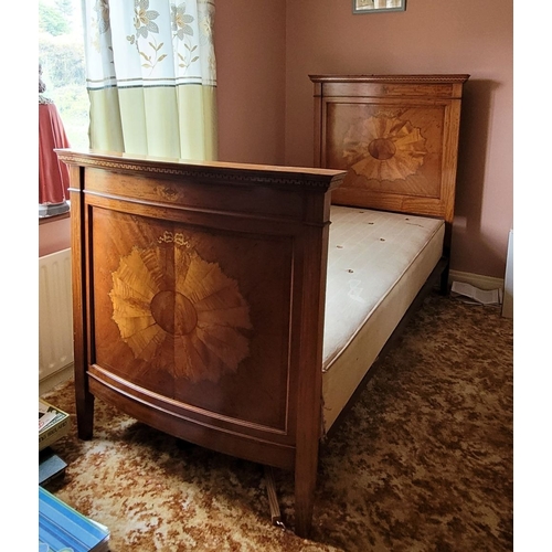 36 - A PAIR OF ANTIQUE MAHOGANY INLAID ANTIQUE BEDS: Each bed with a slightly bow shaped foot board with ... 