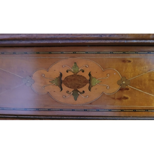 36 - A PAIR OF ANTIQUE MAHOGANY INLAID ANTIQUE BEDS: Each bed with a slightly bow shaped foot board with ... 