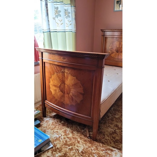 36 - A PAIR OF ANTIQUE MAHOGANY INLAID ANTIQUE BEDS: Each bed with a slightly bow shaped foot board with ... 