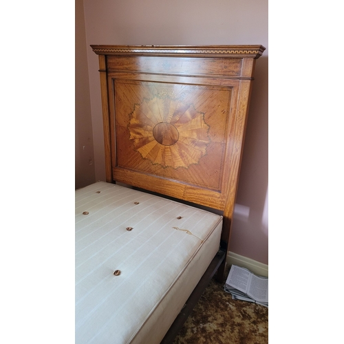 36 - A PAIR OF ANTIQUE MAHOGANY INLAID ANTIQUE BEDS: Each bed with a slightly bow shaped foot board with ... 