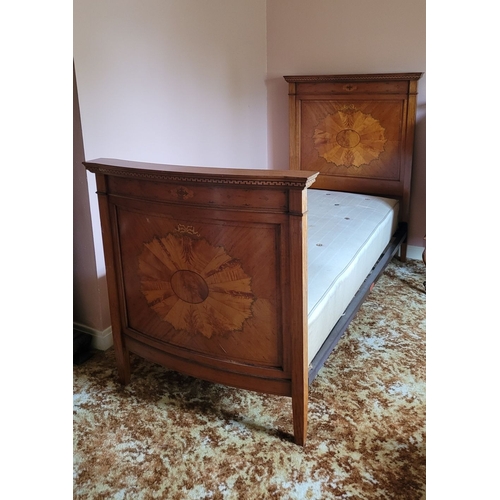 36 - A PAIR OF ANTIQUE MAHOGANY INLAID ANTIQUE BEDS: Each bed with a slightly bow shaped foot board with ... 