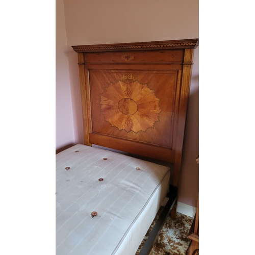 36 - A PAIR OF ANTIQUE MAHOGANY INLAID ANTIQUE BEDS: Each bed with a slightly bow shaped foot board with ... 