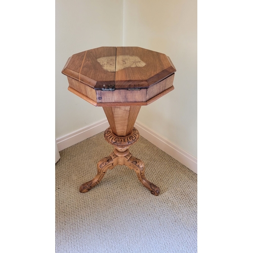 42 - A GOOD QUALITY MAHOGANY TRUMPET SHAPED WORKS TABLE, with octagonal hinged top, that opens to reveal ... 