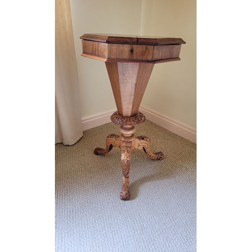 42 - A GOOD QUALITY MAHOGANY TRUMPET SHAPED WORKS TABLE, with octagonal hinged top, that opens to reveal ... 