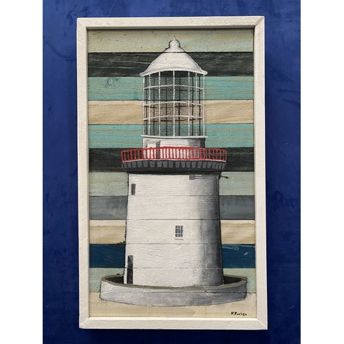 45 - KEN PARKER (Irish, 20th Century), ‘GALLEY HEAD LIGHTHOUSE’, acrylic on wooden panels, signed lower r... 