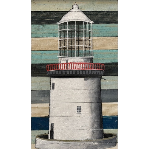 45 - KEN PARKER (Irish, 20th Century), ‘GALLEY HEAD LIGHTHOUSE’, acrylic on wooden panels, signed lower r... 