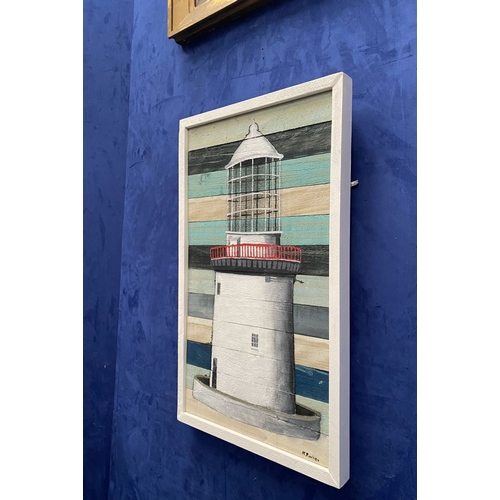 45 - KEN PARKER (Irish, 20th Century), ‘GALLEY HEAD LIGHTHOUSE’, acrylic on wooden panels, signed lower r... 