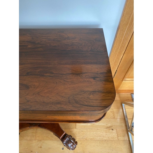 5 - A GOOD QUALITY WILLIAM IV ROSEWOOD CARD TABLE, with excellent original colour, the top with rounded ... 