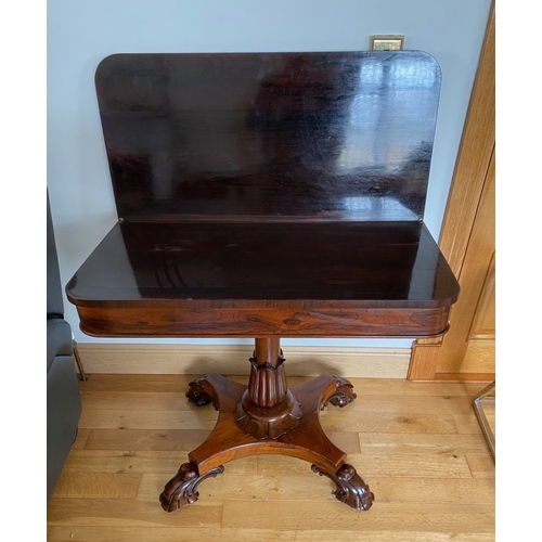 5 - A GOOD QUALITY WILLIAM IV ROSEWOOD CARD TABLE, with excellent original colour, the top with rounded ... 