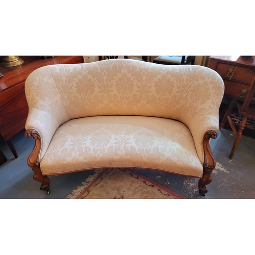 50 - A CHARMING VICTORIAN NEATLY SIZED SOFA, with a gently curving back rest & roll over upholstered deta... 