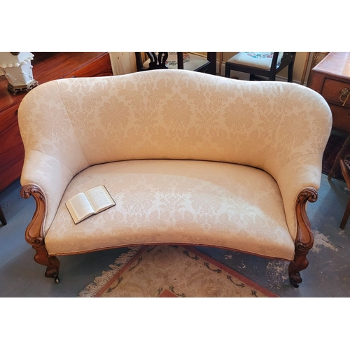 50 - A CHARMING VICTORIAN NEATLY SIZED SOFA, with a gently curving back rest & roll over upholstered deta... 