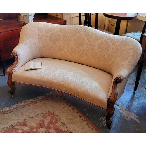 50 - A CHARMING VICTORIAN NEATLY SIZED SOFA, with a gently curving back rest & roll over upholstered deta... 