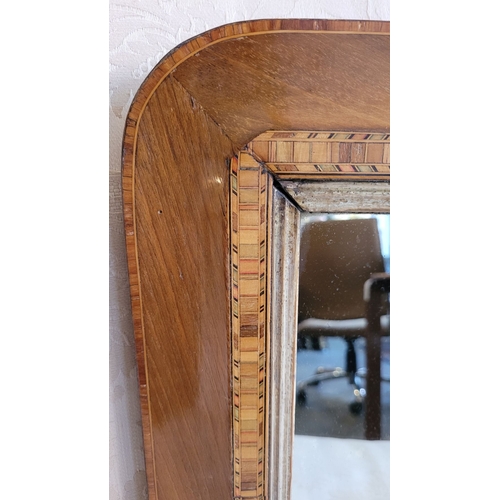 52 - A LATE 19TH / EARLY 20TH CENTURY WALNUT & TURNBRIDGE INLAID OVER MANTLE MIRROR, nice neat size, with... 