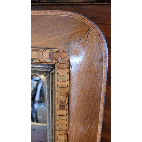 52 - A LATE 19TH / EARLY 20TH CENTURY WALNUT & TURNBRIDGE INLAID OVER MANTLE MIRROR, nice neat size, with... 