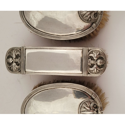 54 - A LOVELY SET OF SILVER TOPPED CLOTHES BRUCHES, two oval shaped & one rectangular; each with lovely a... 