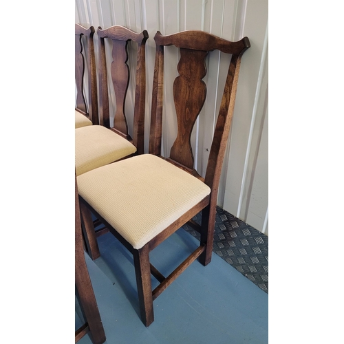 56 - A GOOD SET OF SIX COUNTRY STYLE DINING CHAIRS, each with a shaped splat back support with scroll edg... 