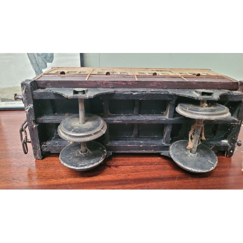 64 - TWO ANTIQUE TOY TRAIN / MODEL TRAIN PIECES: (i) A CLOCKWORK LOCOMOTIVE –maker not confirmed – possib... 