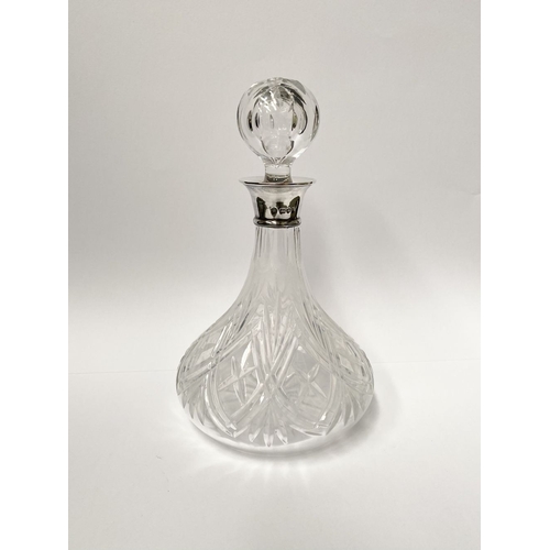 72 - A SILVER COLLARED CUT GLASS SHIPS DECANTER, Hallmarked Maker David Shaw Silverware Ltd, Clerkenwell ... 