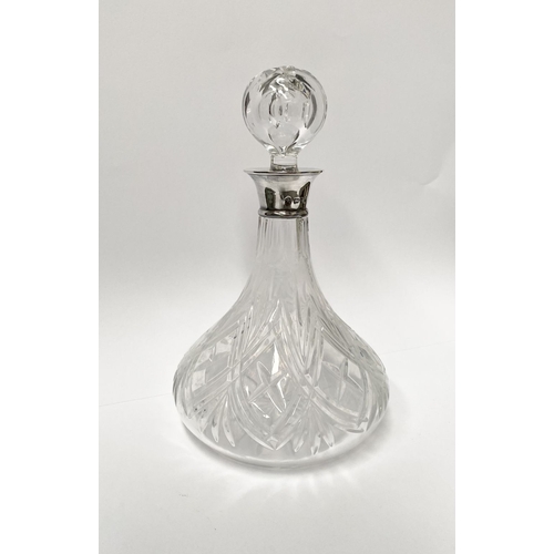 72 - A SILVER COLLARED CUT GLASS SHIPS DECANTER, Hallmarked Maker David Shaw Silverware Ltd, Clerkenwell ... 