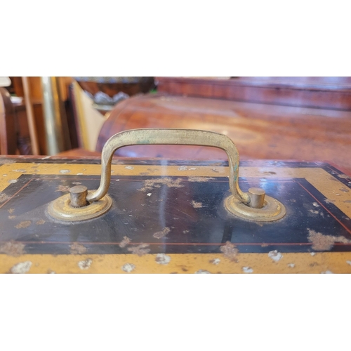 74 - A VINTAGE PAINTED METAL CASH BOX, with working lock & key, lovely gilt, red colours applied to the m... 