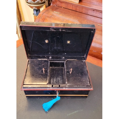 74 - A VINTAGE PAINTED METAL CASH BOX, with working lock & key, lovely gilt, red colours applied to the m... 