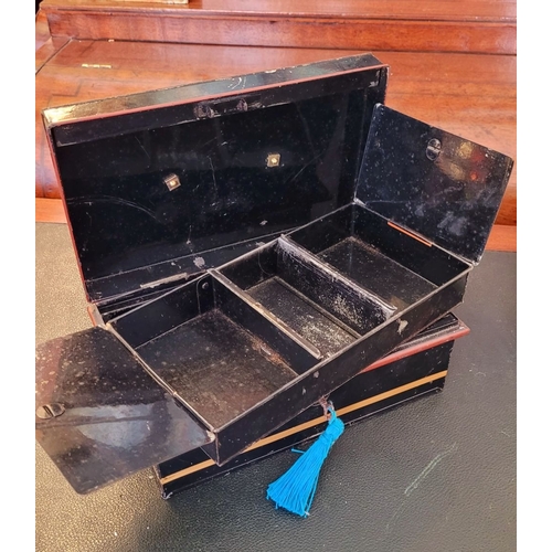 74 - A VINTAGE PAINTED METAL CASH BOX, with working lock & key, lovely gilt, red colours applied to the m... 