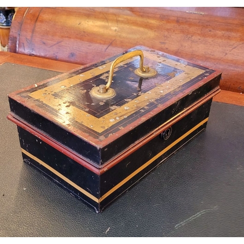 74 - A VINTAGE PAINTED METAL CASH BOX, with working lock & key, lovely gilt, red colours applied to the m... 