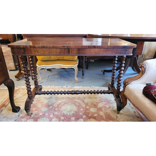 76 - A GOOD QUALITY ROSEWOOD BOBBIN TURNED SOFA TABLE – HALL TABLE, the top with rounded corners rests up... 