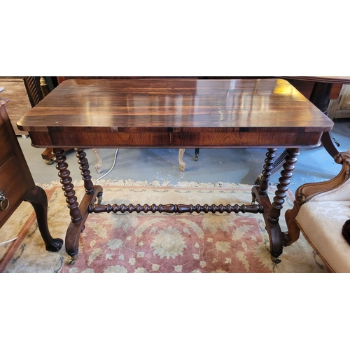 76 - A GOOD QUALITY ROSEWOOD BOBBIN TURNED SOFA TABLE – HALL TABLE, the top with rounded corners rests up... 