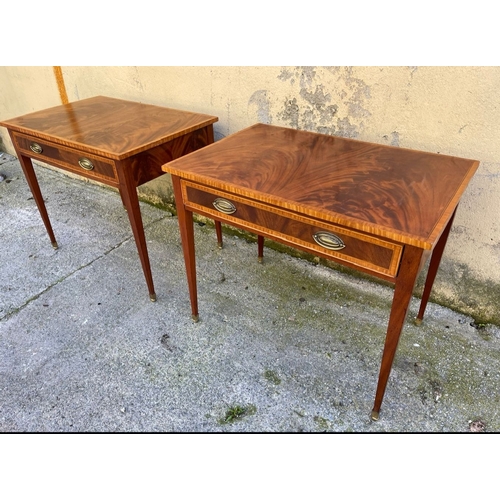 96 - A PAIR OF FLAME MAHOGANY SATINWOOD CROSSBANDED SIDE/LAMP TABLES, with satinwood crossbanding to top ... 