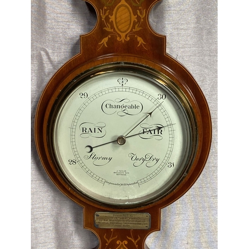 113 - AN EARLY 20TH CENTURY EDWARDIAN MAHOGANY & SATINWOOD INLAID BAROMETER, J. Taylor Bridlesmith Gate, N... 