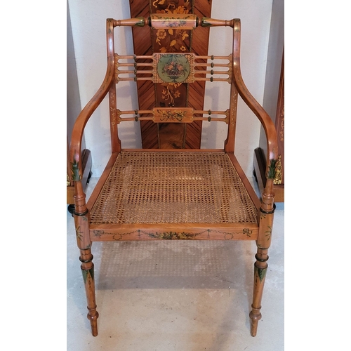 12 - A LATE 19TH CENTURY SHERATON STYLE SATINWOOD HAND PAINTED ARMCHAIR, a really lovely Sheraton Revival... 