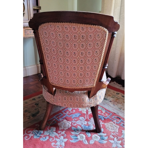 20 - A GOOD LATE 19TH CENTURY LOW RISE CHAIR, nicely upholstered in good quality fabric, the frame with t... 