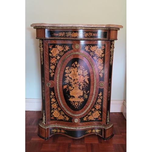 21 - A VERY GOOD QUALITY LOUIS XV STYLE ORMOLU MOUTED MARBLE TOPPED MARQUETRY INLAID CABINET, a beautiful... 