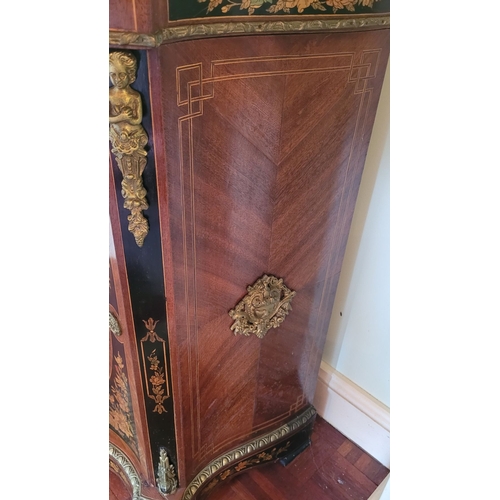 21 - A VERY GOOD QUALITY LOUIS XV STYLE ORMOLU MOUTED MARBLE TOPPED MARQUETRY INLAID CABINET, a beautiful... 