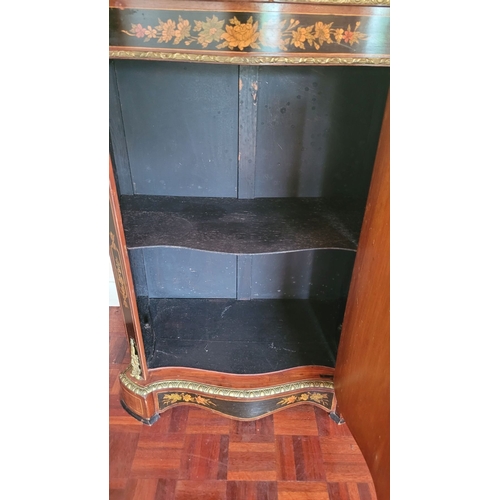 21 - A VERY GOOD QUALITY LOUIS XV STYLE ORMOLU MOUTED MARBLE TOPPED MARQUETRY INLAID CABINET, a beautiful... 