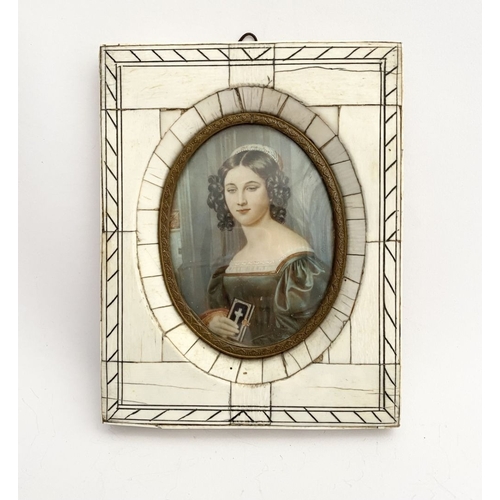 25 - A 19TH CENTURY BONE FRAMED OVAL MINIATURE PORTRAIT, after Joseph Karl Stieler’s (1781–1858) ‘Portrai... 