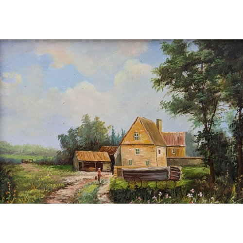 3 - A 20TH CENTURY OIL ON BOARD, A COUNTRY SCENE, with a figure walking towards a farmhouse. Unsigned. F... 