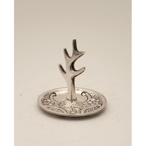 51 - A LOVELY TURN OF THE CENTURY SILVER RING TREE, the dish to the base decorated to the interior with s... 