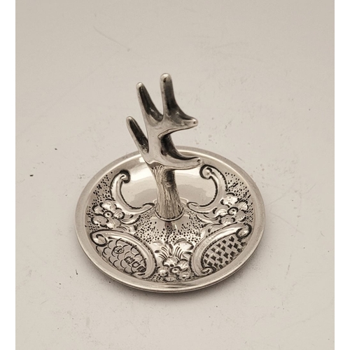 51 - A LOVELY TURN OF THE CENTURY SILVER RING TREE, the dish to the base decorated to the interior with s... 