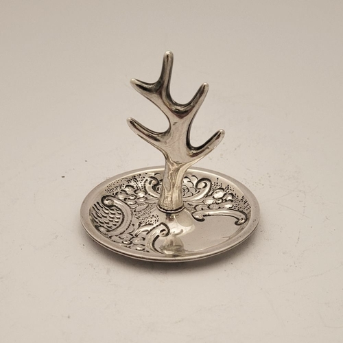 51 - A LOVELY TURN OF THE CENTURY SILVER RING TREE, the dish to the base decorated to the interior with s... 